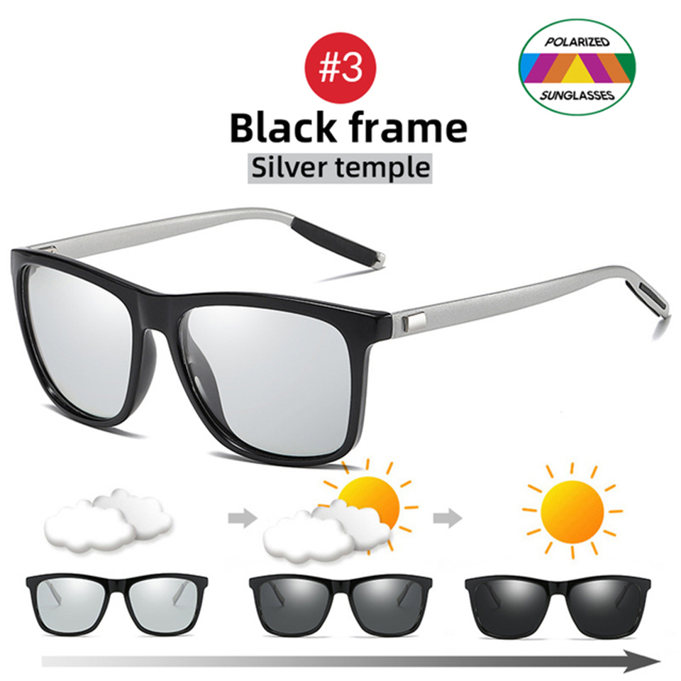 NONOR Color Change Grey Frame Photochromic Polarized Sunglasses Men Square Classic Chameleon Glaases Transition Lens Eyewear: black / Blue