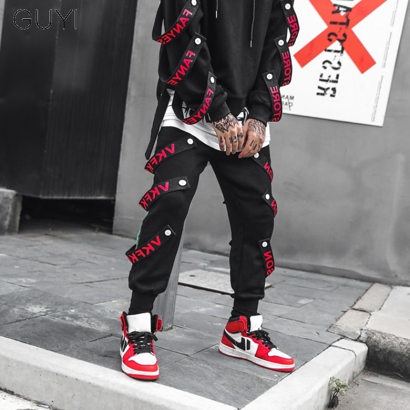 Pantalones con letras de Hip Hop para hombre, pantalones informales para correr, ropa de calle, pantalones harén Vintage para hombre, pantalones negros de deporte Cargo para hombre