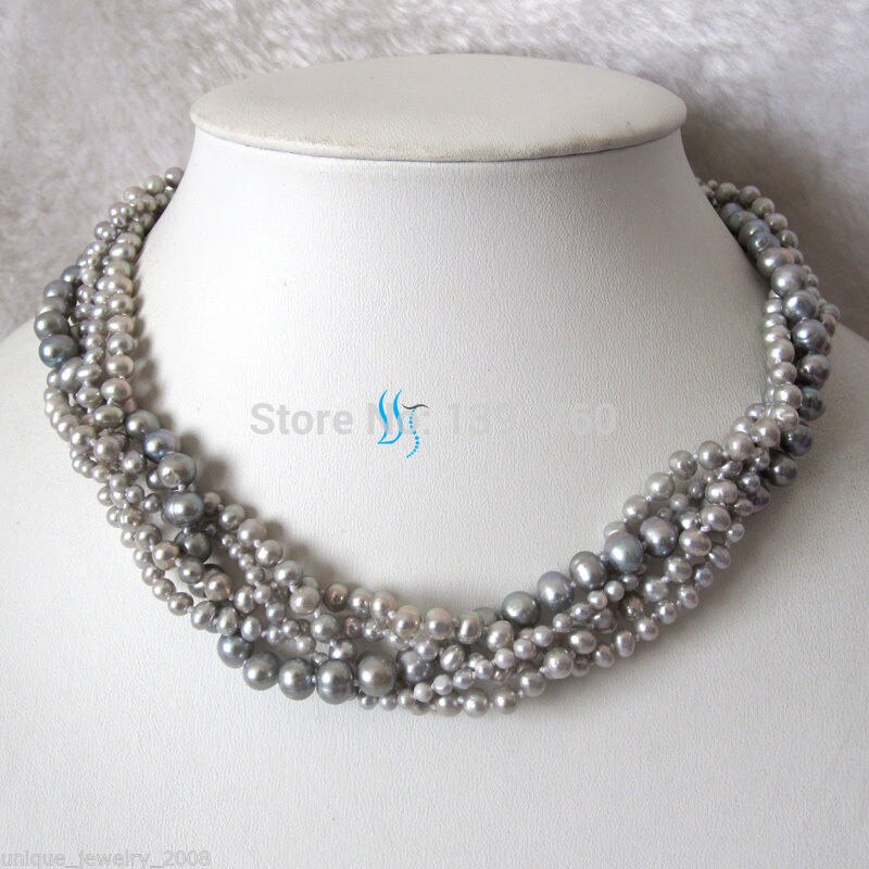 5Row Gray Freshwater Pearl Necklace Cultured Jewelry