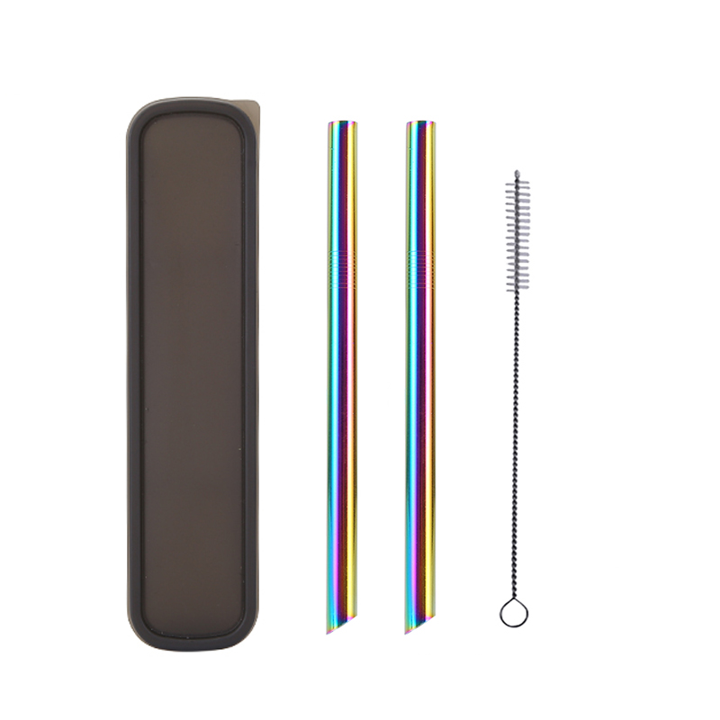 2Pcs Metall Wies Ende Stroh + 1Pc Pinsel Regenbogen Trinkhalme Wiederverwendbare Strohhalme 12mm * 215MM mit Tragbaren Box Oder Tasche: Black Box Rainbow