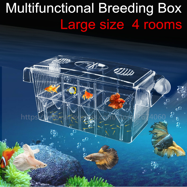 4 Rooms High Clear Fish Breeding Box Aquarium Breeder Box Double Guppies Hatching Incubator Isolation Acrylic AT002
