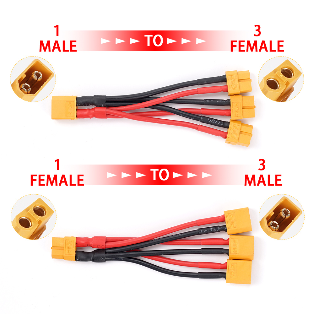 XT60 Male/Female Cable Parallel Battery Connector 3-Way 14AWG Silicone Wire Dual Extension Y Splitter for Battery Charger Motor