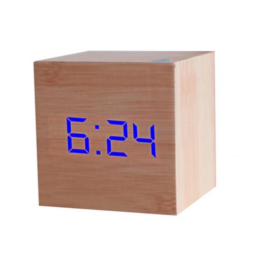 Houten Vierkante Digitale Elektronische Led Usb Klok Bureau Wekker Tafel Voice Control Decoratie School Intelligente Klok: Bamboo  Blue Figure