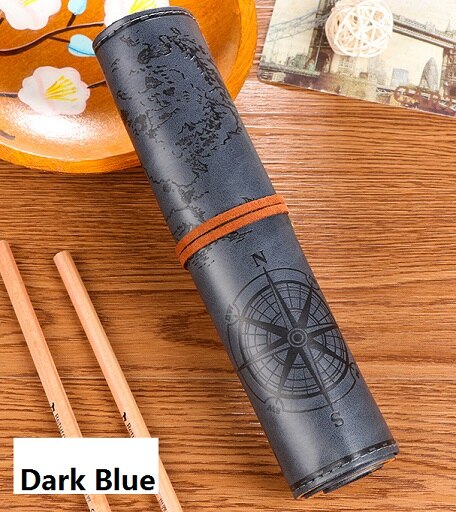 Mariyana etui retro schatkaart etui vintage luxe oprolbaar zakje leren pu etui schrijfwaren: Donkerblauw