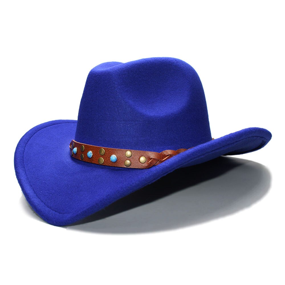 LUCKYLIANJI Womem Men Female Male's Wool Felt Western Cowboy Hat Wide Brim Cowgirl Braid Leather Band (One Size:57cm): Blue