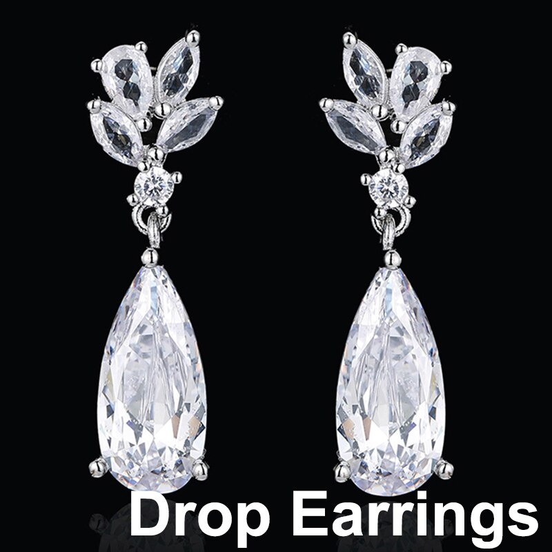 Leaf Zircon Clips Earrings for Women Silver Color Water Clip Earings Long Crystal Wedding Ear Cuff Jewelry: DropEars White E1094