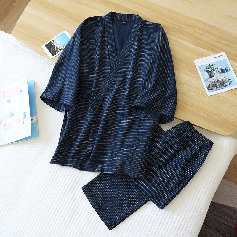 Kimono japonais deux pièces pour hommes, peignoir coton, pyjama Long deux pièces, Service à domicile, ensemble Robe, printemps et été 100%: Bleu / M