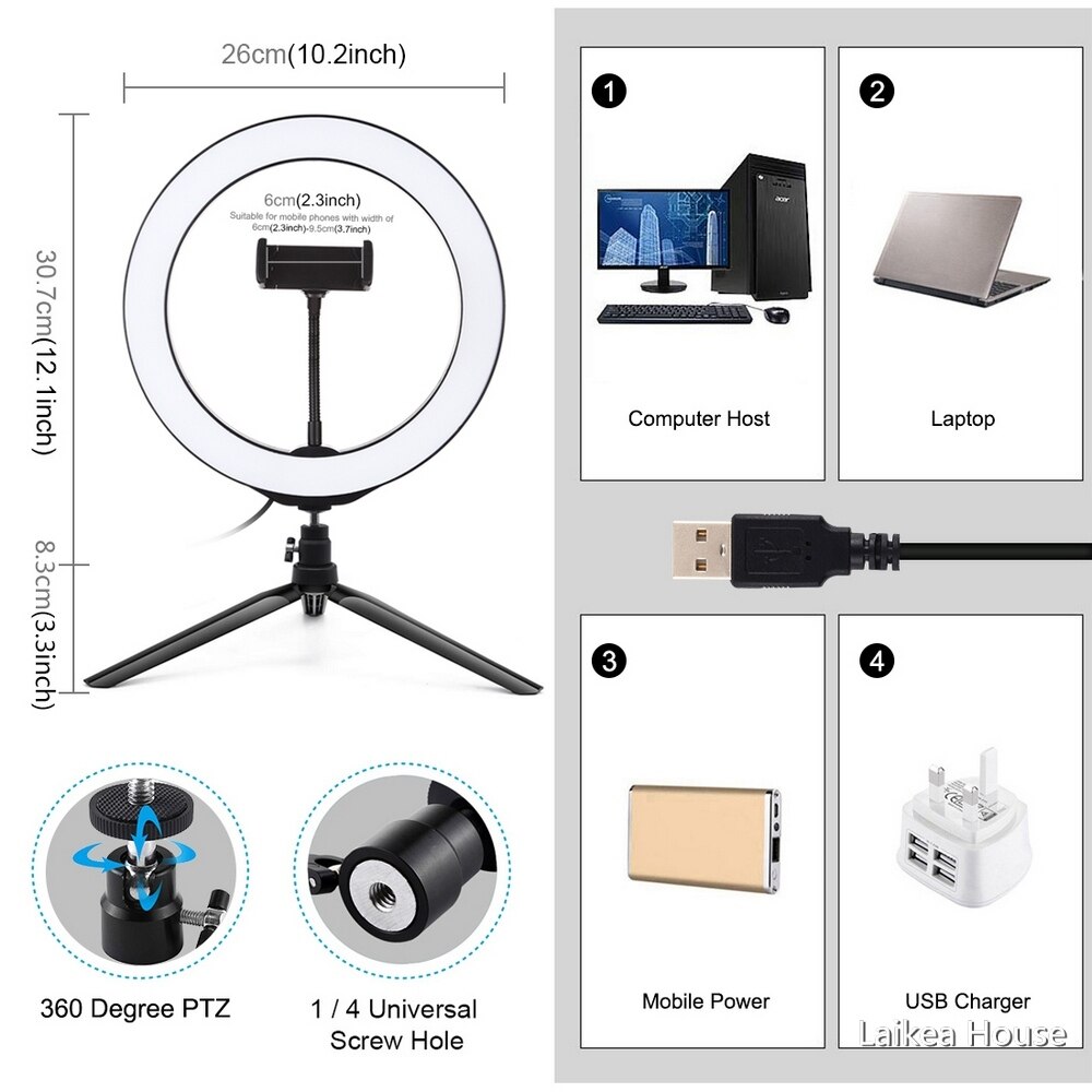26cm selfie-ringetone bo lys dimmes kameratelefon ringe ledet lampe med bordstativ til sminke video bo studiofotografering