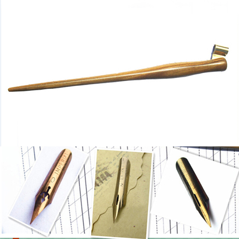 Hand Made Solid Wood Oblique Calligraphy Copperplate Script Hand Writing Dip Pen Set with 3 Nibs