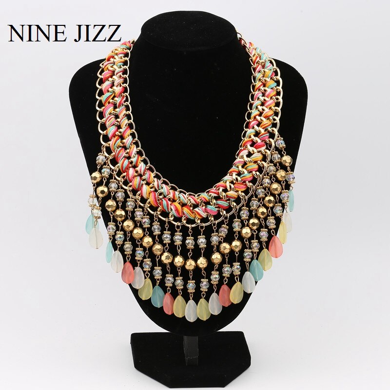 NINEJIZZ Tassel Crystal Necklaces Vintage Bohemian Big Statement Beads Necklaces Chain For Women Simple Style Wedding Jewelry