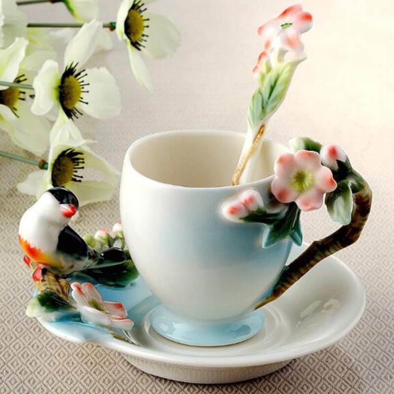 Keramik Tasse Elstern Pflaume Blüte Emaille farbe Kaffee Tasse mit Untertasse und Löffel Europäischen Kreative Tee tassen Tee tasse einstellen