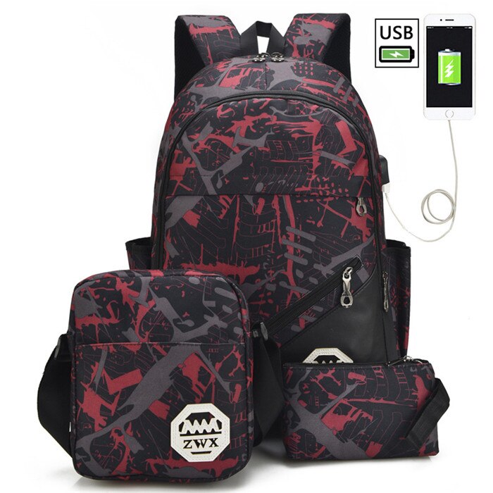 3 Pcs/set School Bags USB Charging Backpack Boys High School Backpacks Schoolbag For Teenagers Girls Student Book Bag Satchel: red 3 pcs