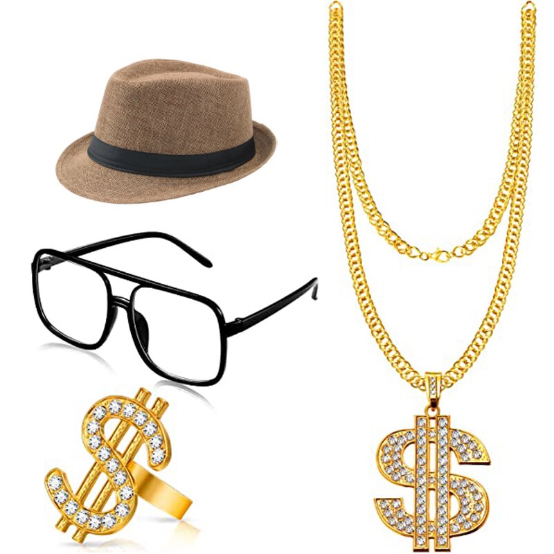 4 stykker hip hop kostume sort hvid hat briller dollarskilt guld kæde ring hip hop 80s/90s rapper tilbehør halloween fest: Beige