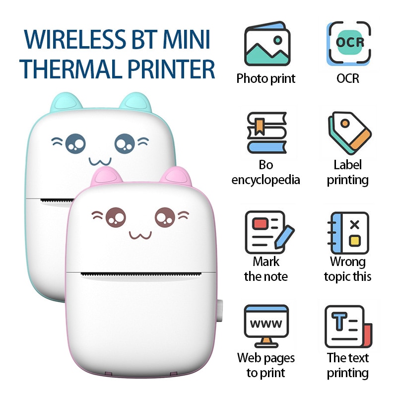 Portable Thermal Printer BT 203dpi Photo Label Memo Wrong Question Printing Mini Bluetooth Thermal Printing for iPhone Android