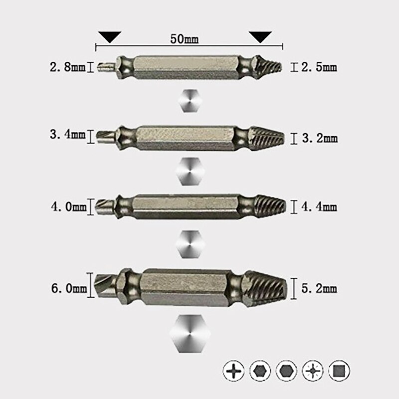 Accessoires de tournevis, forage, extracteur de vis endommagé, extracteur de boulon cassé manuel Kit d'outils pour enlever les goujons 4 pièces
