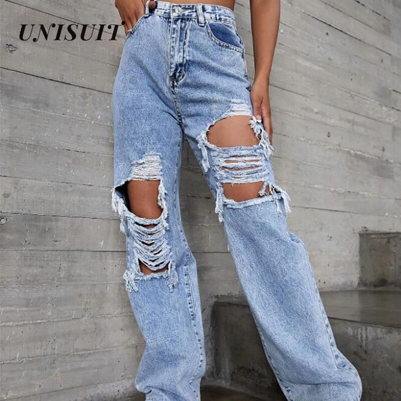 Pantalones vaqueros rasgados para mujer, Vaqueros desgastados de pierna recta y piernas anchas, estilo europeo y americano, para monopatín,: XS