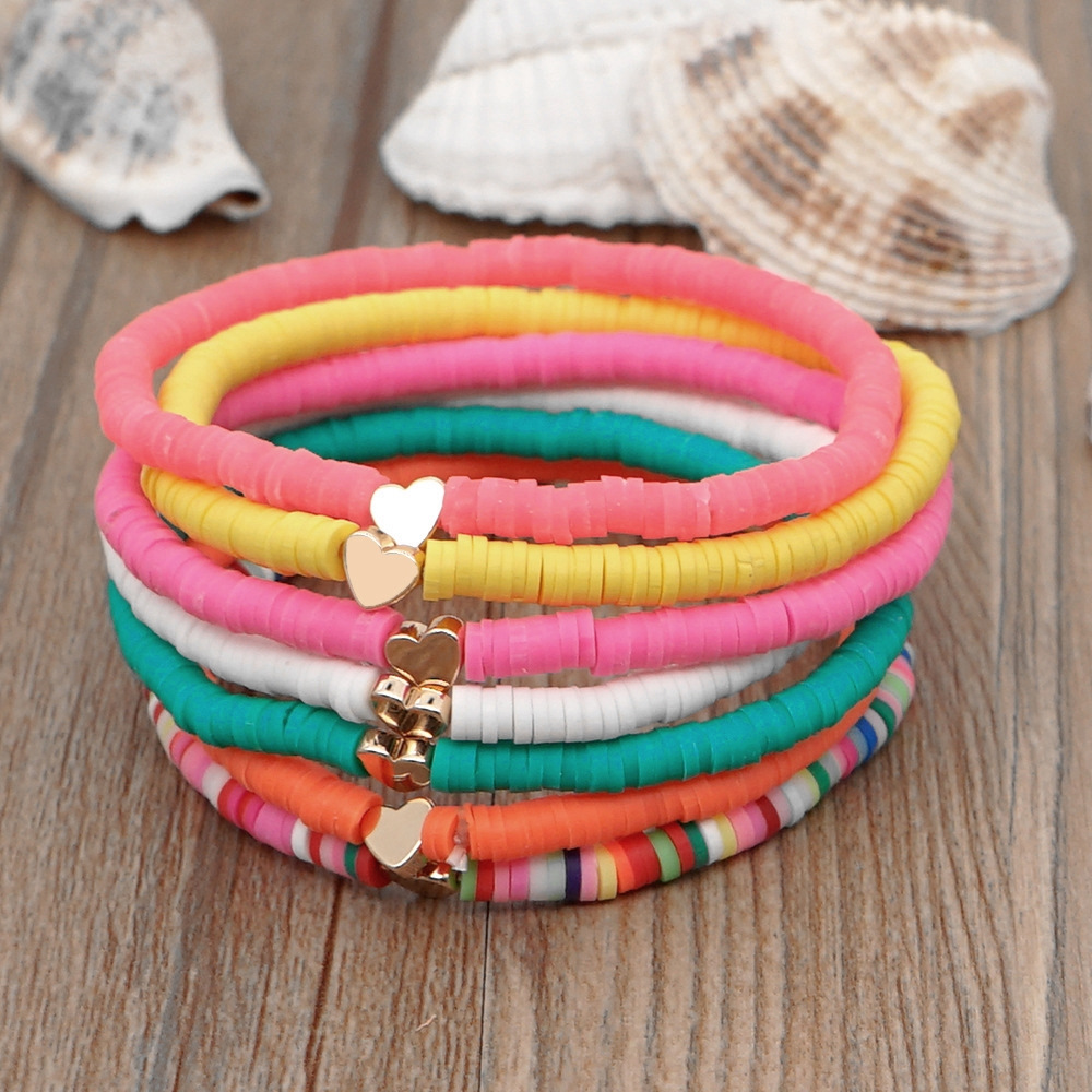 Conjunto de pulseras apilables de arcoíris para mujer, dije de corazón, arcilla suave, cuentas de capas de cerámica, brazalete de cadena, joyería Bohemia femenina