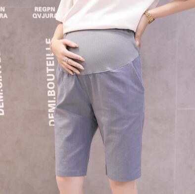 Zwangere vrouwen zomer katoen en linnen korte broek effen kleur hoge taille zwangerschap knielange buikbroek shorts: Grijs / M