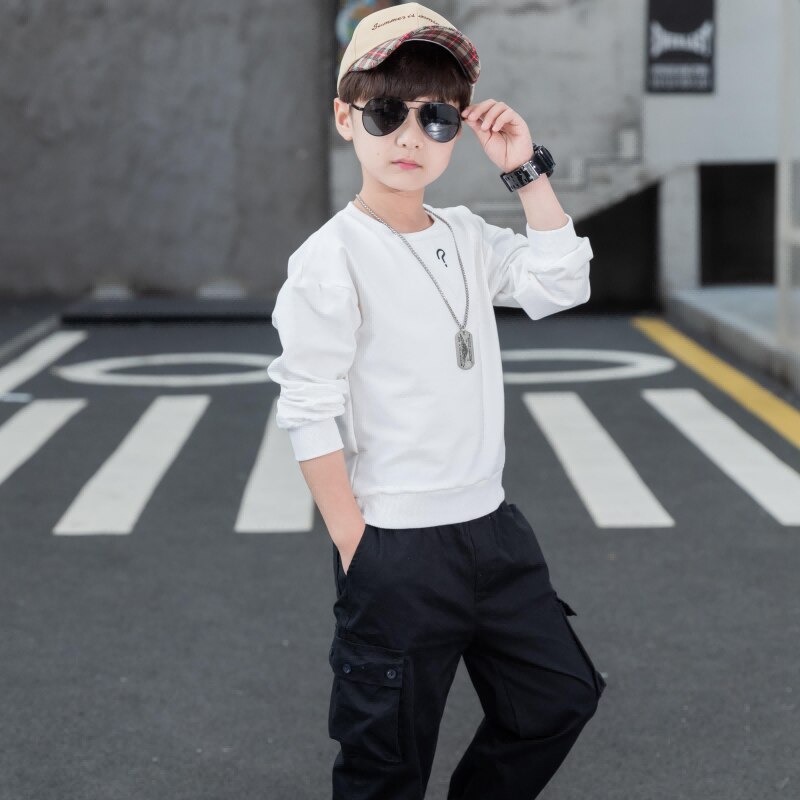 Sudadera de manga larga para niños, ropa coreana, traje de algodón de Color blanco y negro, 5, 7, 9, 11, 13, 14 años, primavera y otoño