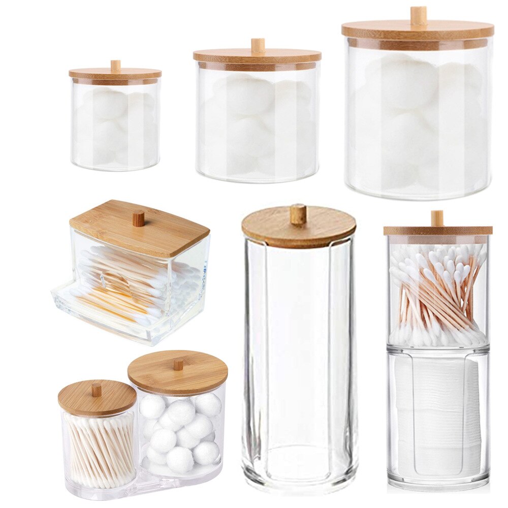 Remover Box Makeup Storage Organizer Cotton Swab Storage Bamboo Cover Acrylic Round Container Cotton Puff Storage Box Makeup