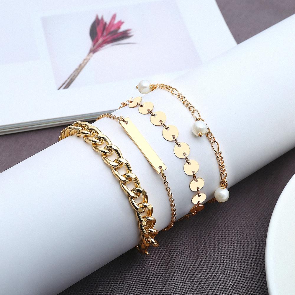 PuRui 4 pièces/ensemble Imitation perle breloque Bracelets pour femme multicouche bohème couleur or lien chaîne Bracelets Bracelets