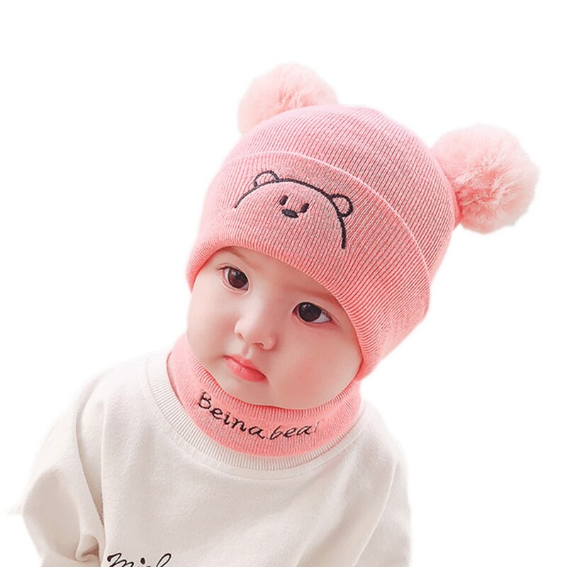 2Pcs Toddler Hat +Twitter Pompon Winter Children Hat Bonnet Enfant Knitted Cute Cap For Girls Boys 0-36 Months: 2PC pink