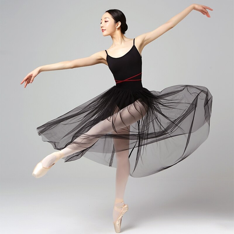 78cm Long Ballet Skirt Pink Red White Black Adult Ballerina Swan Lake Dance Elastic Waist Single Layer See Through Tulle Skirts: Black
