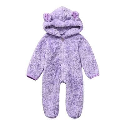 Pasgeborenen Hooded Oren Footies Baby Jongen Meisje Solid Winter Fleece Warm Lange Mouwen Jumpsuit Rits Uitloper Baby Kleding 0-18M A20: Paars / 6m