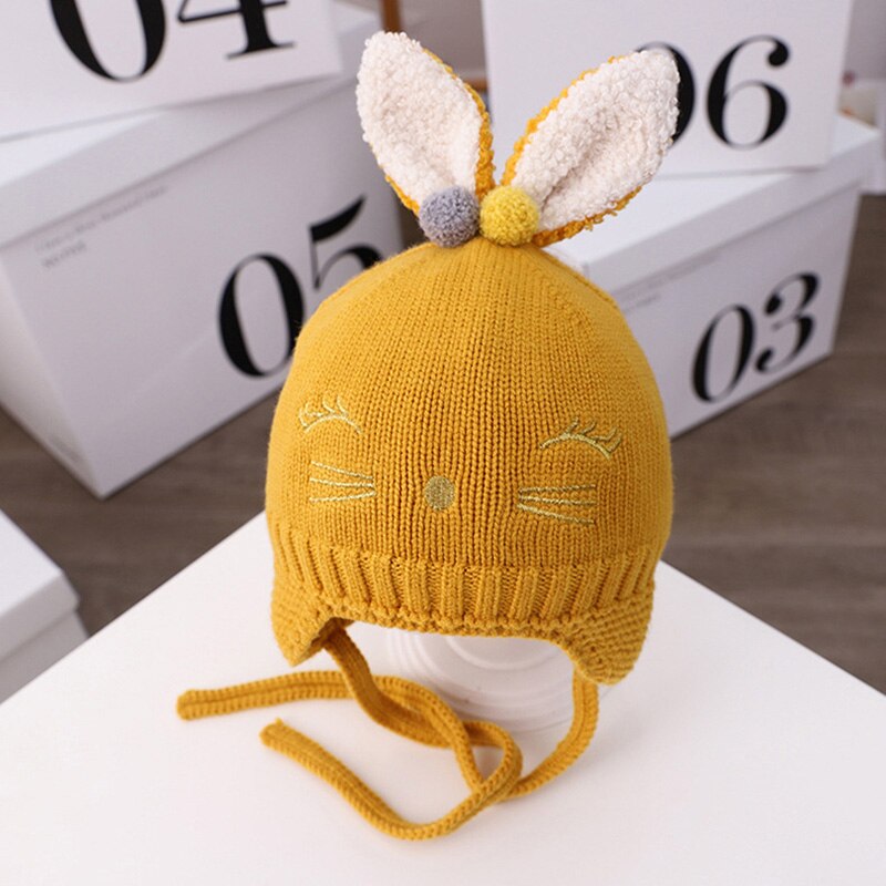 Schattige muts met konijnenoren voor babymeisjes, jongensaccessoires, warme gehoorbescherming, kindermuts, muts met pompon, gebreide wintermuts voor kinderen: Geel