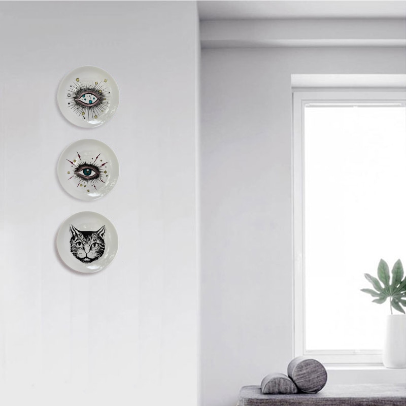 Big Eye Sterrenhemel Decoratieve Plaat Keramische Ronde Schotel Kat Hoofd Sieraden Opslag Gerecht Artistieke Sky Eye Kleurrijke Plaat Mode