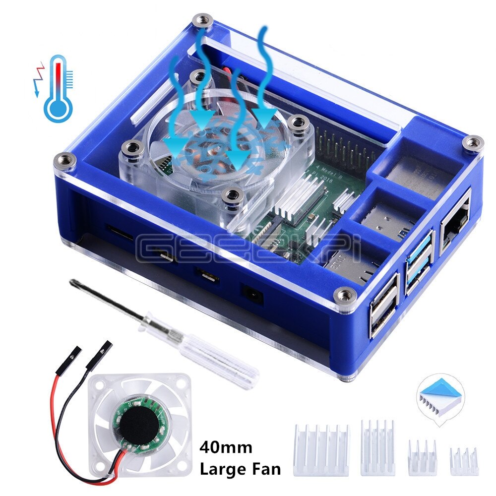 Geeekpi abs plástico azul & transparente/marrom escuro & branco caso com grande ventilador de refrigeração 40*40*10 dissipador de calor para raspberry pi 4 b: Blue Case