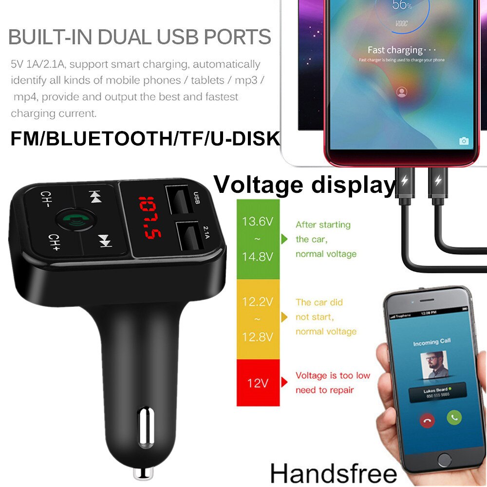 2 Usb Autolader Bluetooth Mobiele Telefoon Opladen Adapter Handsfree Fm-zender Voltage Display Autolader Voor Iphone Xiaomi