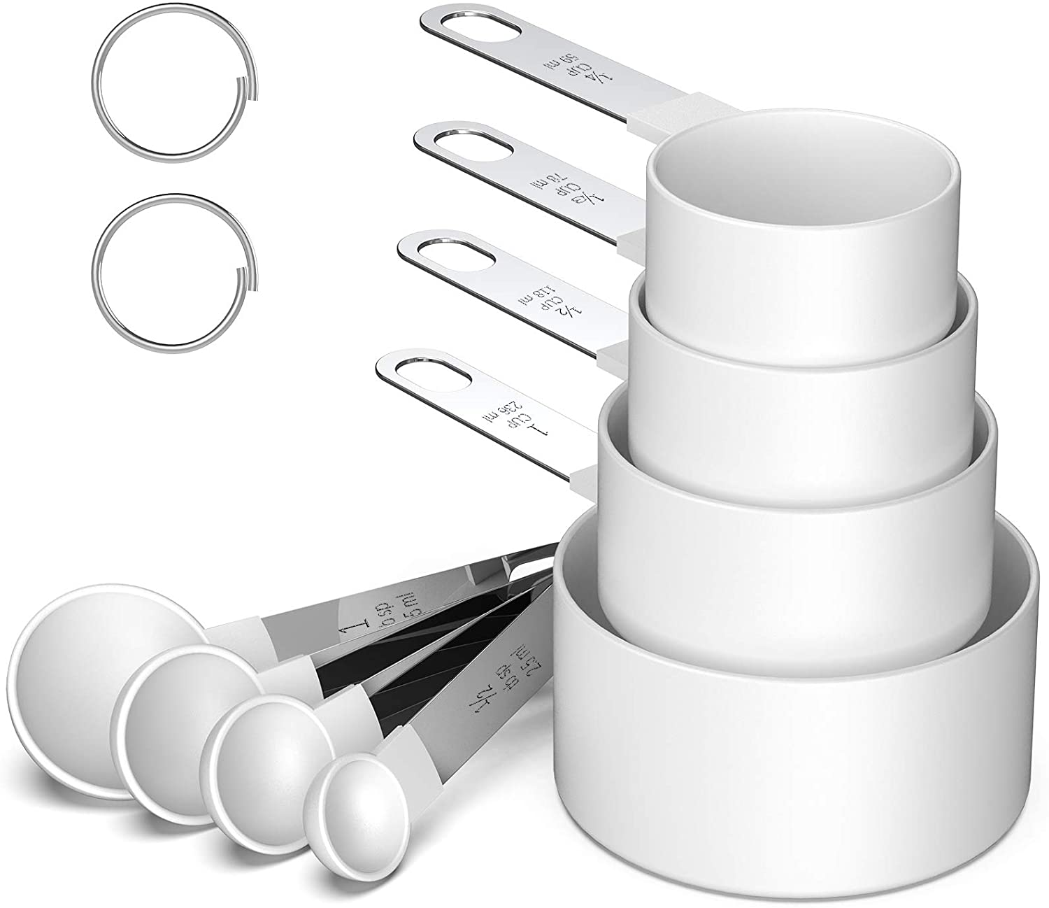 8 Pieces Plastic Measuring Cups and Spoons Set, Measure Cups with Stainless Steel Handle for Dry or Liquid Ingredient