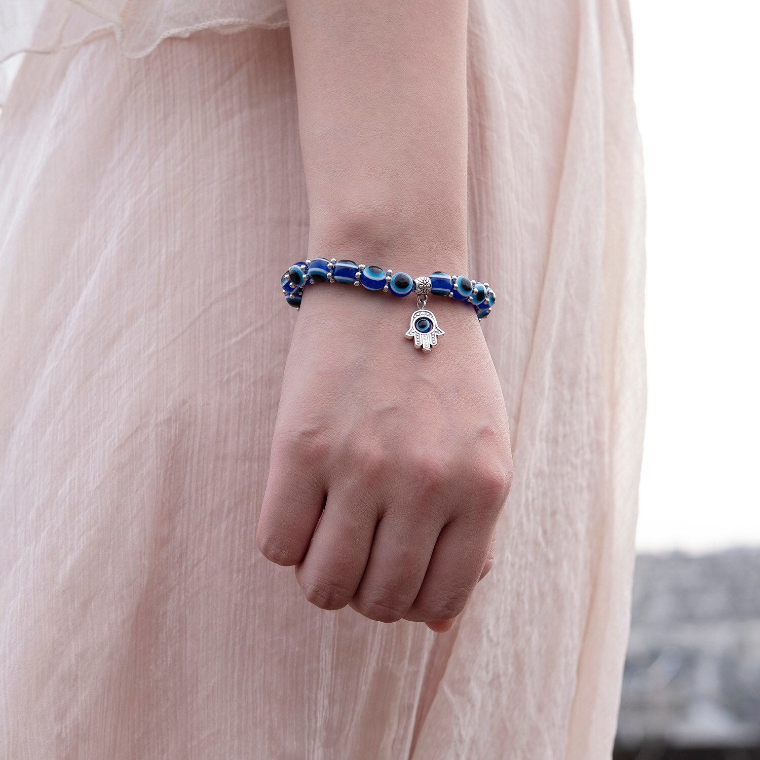 Niebieska bransoletka Evil Eye dla kobiet mężczyzn turecka dłoń wisiorek oczy koraliki Handmade szczęśliwa bransoletka elastyczna regulacja Charm bransoletka
