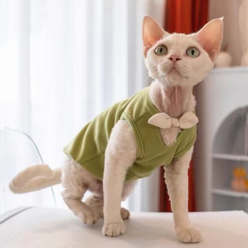 Cotton Sphinx Cat Clothes Cute Pet Sweater Vest Soft Kittens Costume BowKnot V Shirt For Sphynx Spring Summer Devon Rex Ragdoll