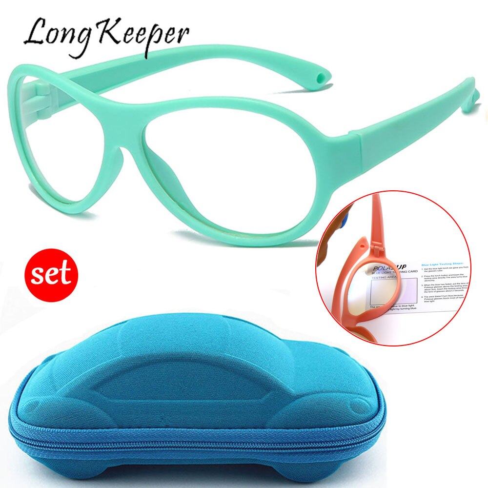 Longkeeper anti blåt lys børnebriller med bilformet brilleetui børn fleksibelt optisk stel eyeware dreng pige briller
