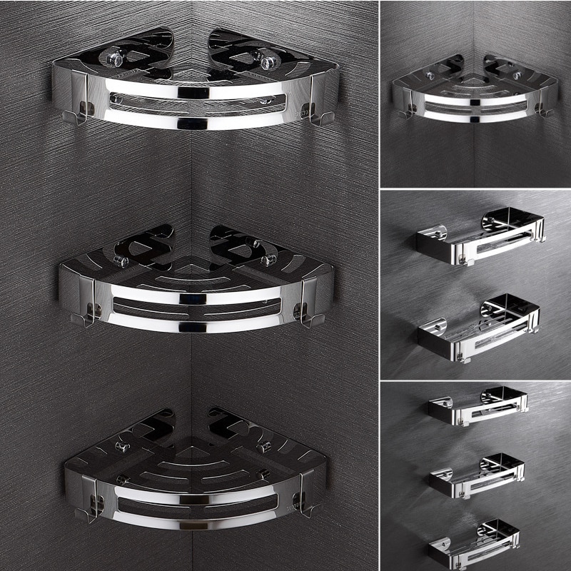 Bathroom Shower Shelf Rack Wall Mounted Shower Shelf Corner Drain Wall Mounted Stainless Steel Basket Storage Rack No Drill