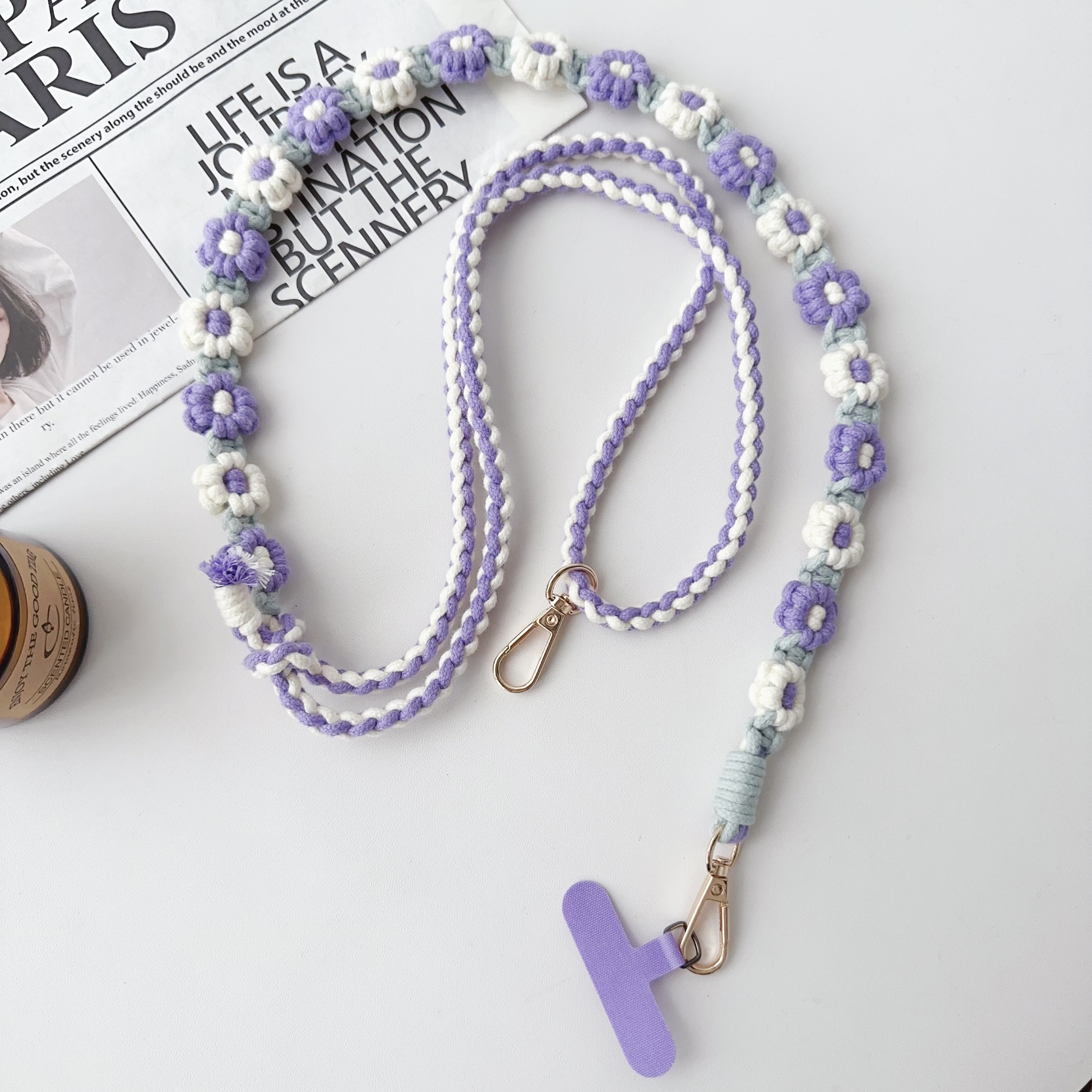 Handgemaakt Madeliefje Verstelbare Lengte Geweven Riem Universele Telefoonband Handgeweven Daisy Bloem Mobiele Telefoon Tas Cross-Body Lanyard: Rose Gold