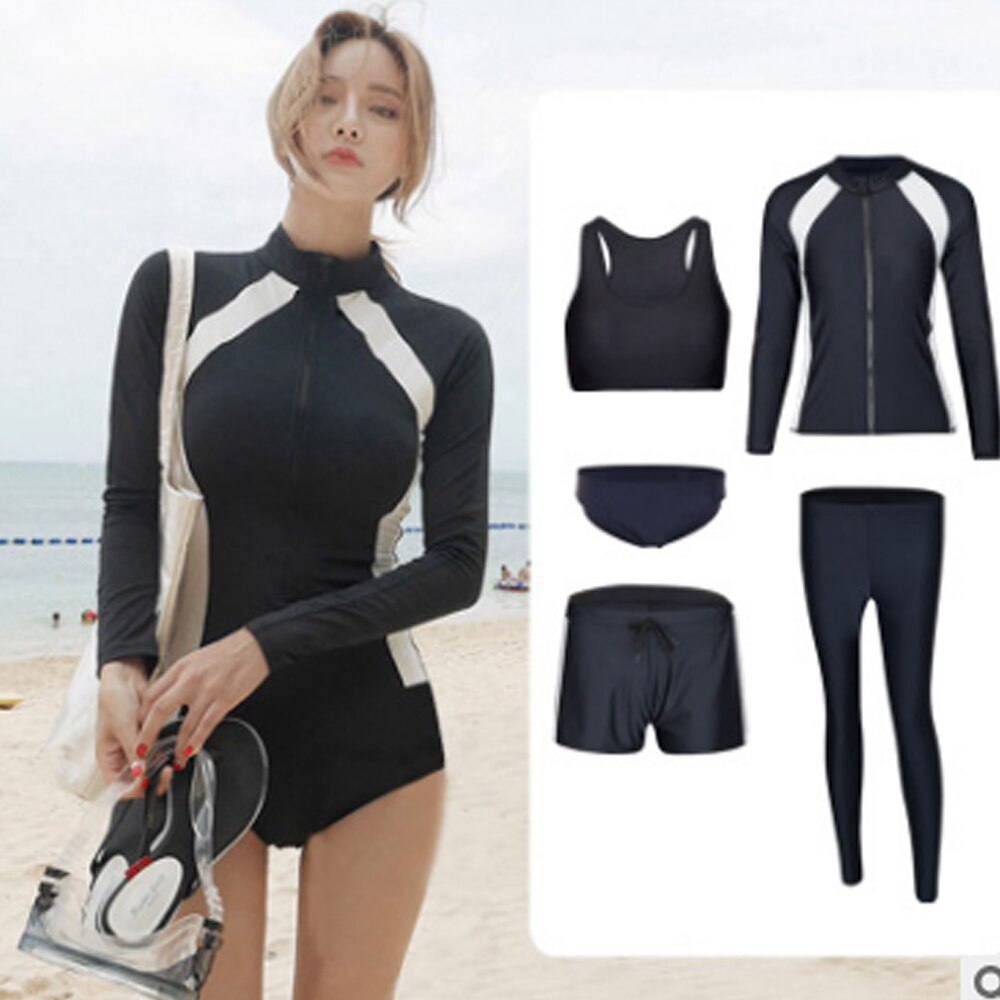 Traje de baño de manga larga para mujer, bañador de una pieza liso con cremallera, 5 conjuntos de traje de baño negro para surfear, pantalones largos con almohadilla: Negro / M