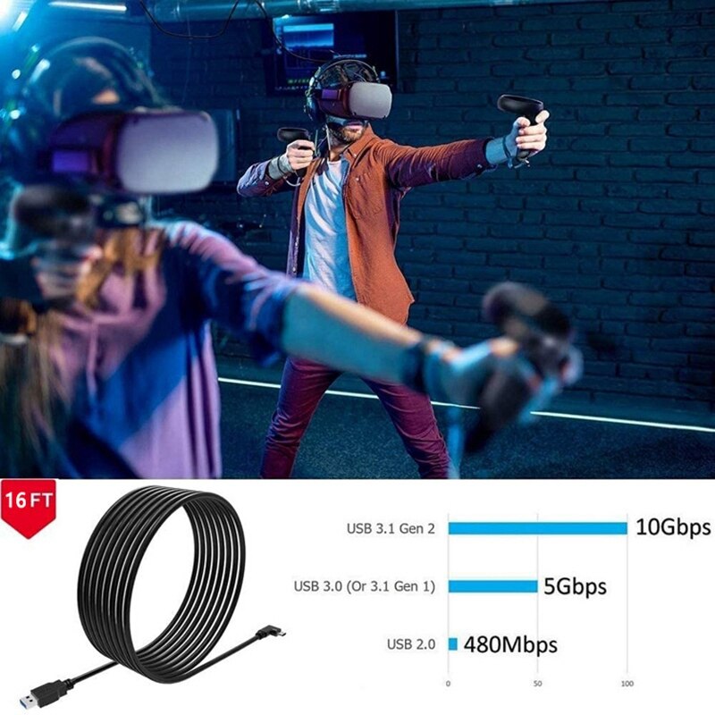 Para oculus quest 2 ligação cabo 16ft realidade virtual fone de ouvido cabo usb 3.2 gen 1 5gbps para jogos acessórios do computador vr