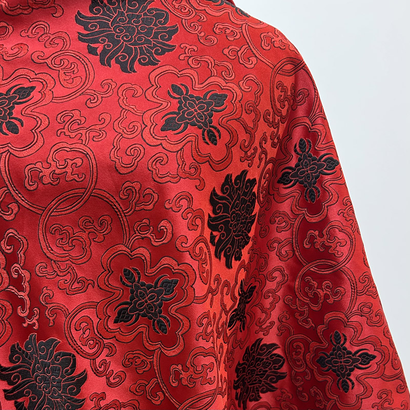 Tela de brocado rojo precortada con bordado negro, Material decorativo DIY para vestido, abrigo, chaleco, artesanía de tapicería