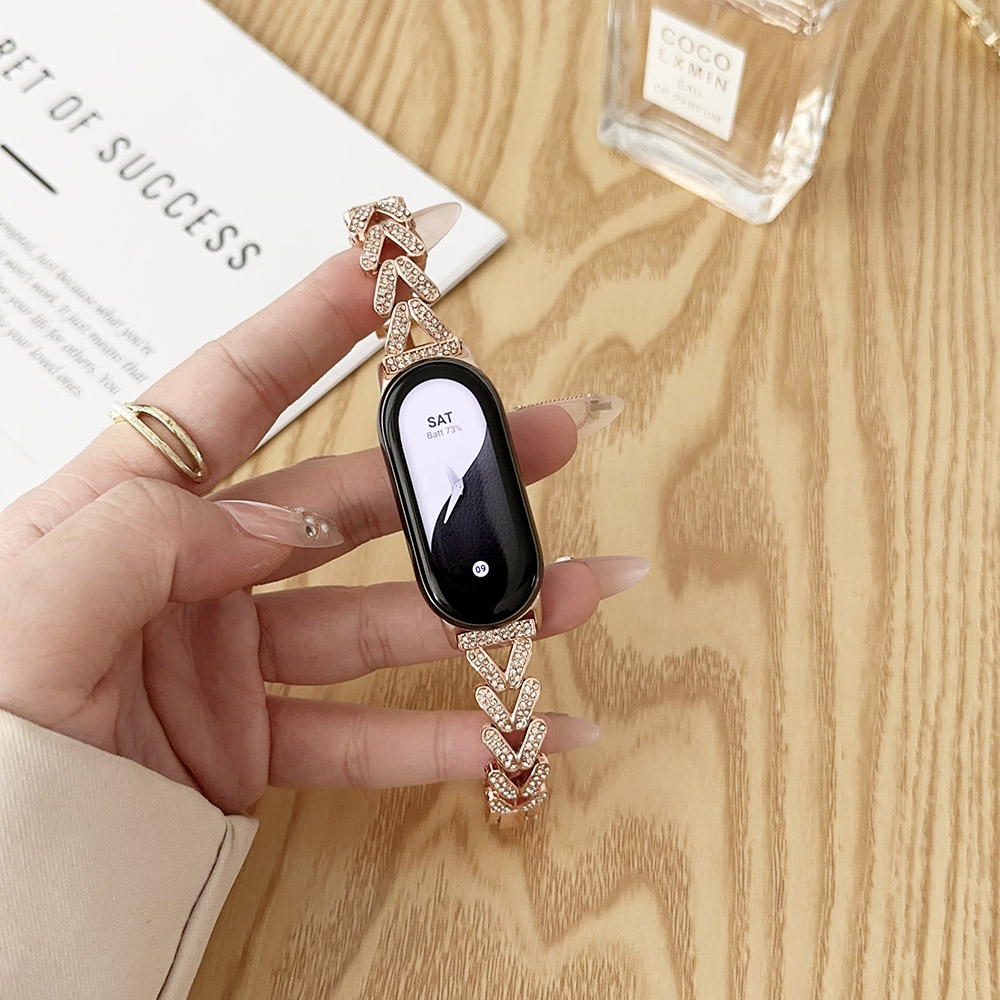 Mi band 8 bandes Bracelet pour Xiaomi mi band 9 Fitness Tracker métal réglable remplacement Bling Bracelet portable femmes: Rose Gold