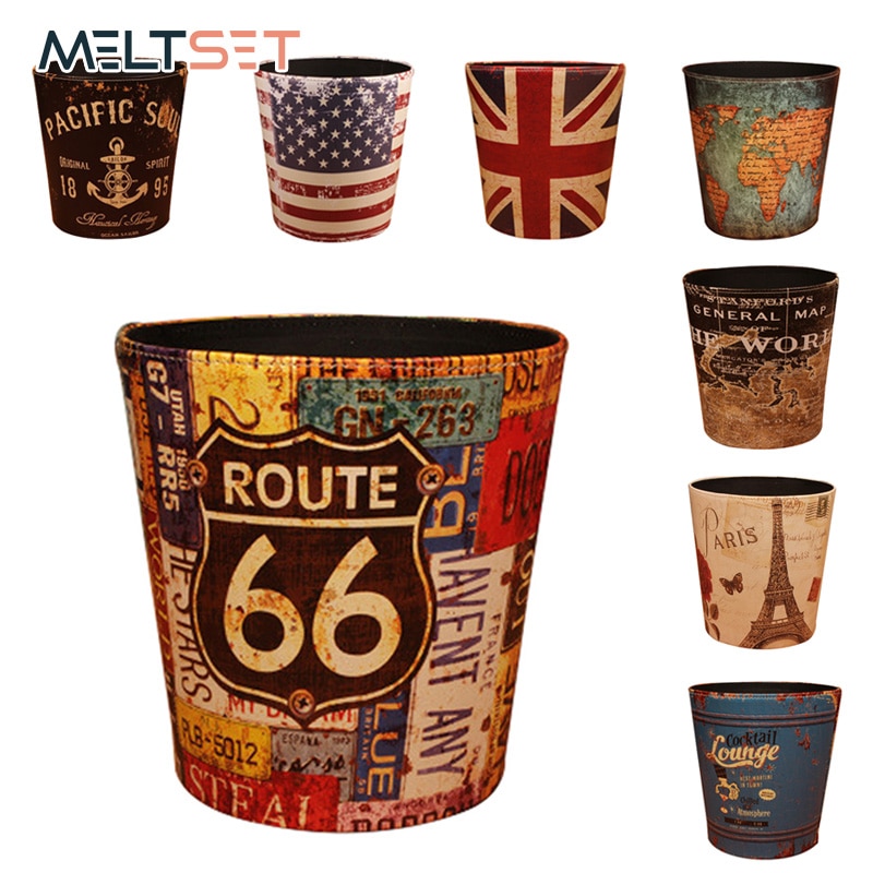 PU Leather Rubbish Bin Trash Can Waste Garbage Bin Storage Basket Office Paper Basket Vintage without Lid Dustbin 8 Patterns