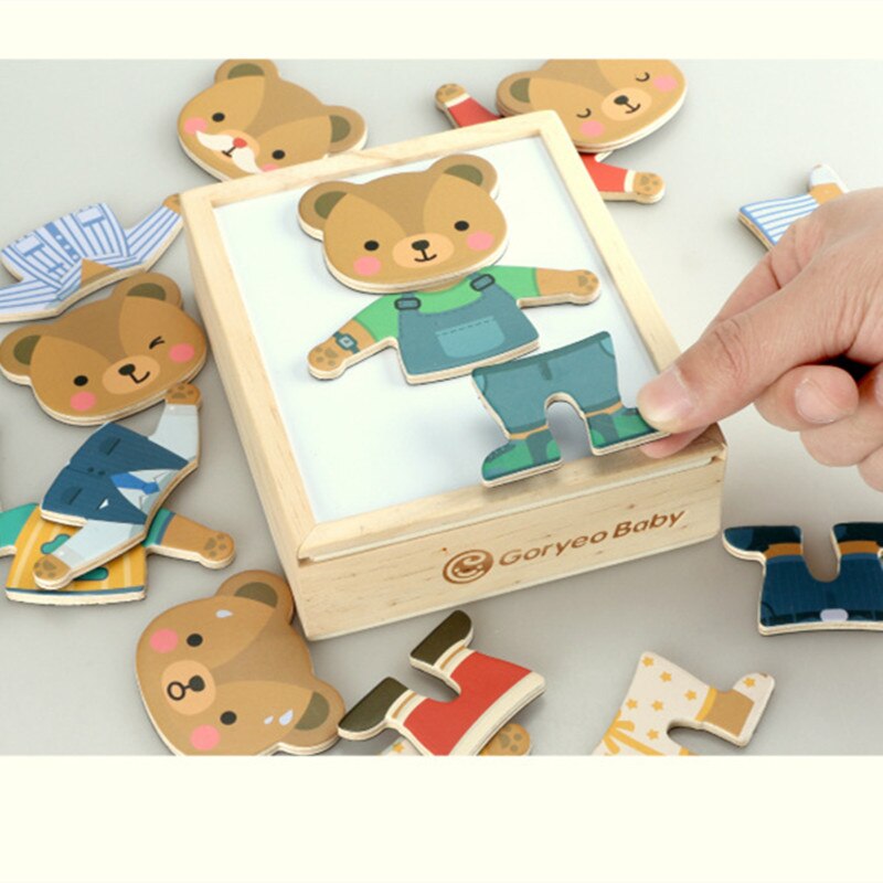 Diy Magnetische Cartoon Teddybeer Verandering Kleding Kinderen Houten Speelgoed 3D Puzzels Kids Educatieve Puzzel speelgoed voor kinderen