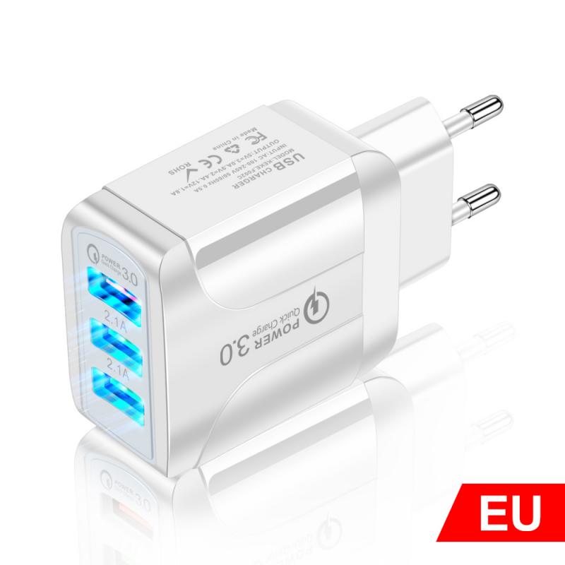 Cargador luminoso 3USB 2.4A para teléfono inteligente, cargador de paso para tableta, cargadores de teléfono móvil, telecomunicaciones: EU white