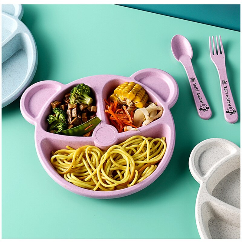 Assiette à grille en paille de blé pour enfants, vaisselle de table pour écoliers de maternelle, ensemble de 3 pièces