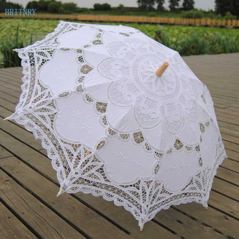 Britnry paraply bomuld broderi bryllup paraply blonder hvid parasol bryllup tilbehør