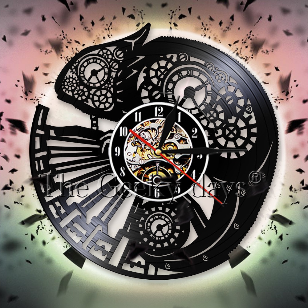 Caméléon 3D horloge murale Reptile exotique animal de compagnie vinyle Record horloge murale froid Tribal Gecko lézard Serpent Art mural décor maison horloges