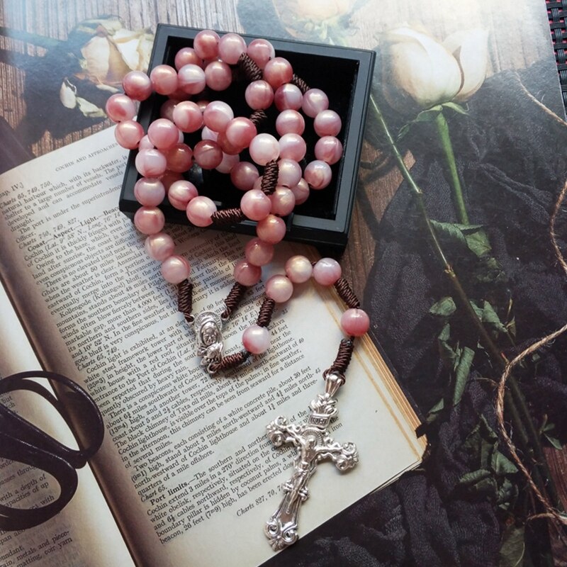 Collar de cuentas redondas para hombres y mujeres, collar con colgante de cruz de Jesús, Jesús cristiano, oración, joyería religiosa