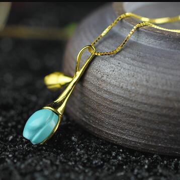 Turquoise Tulip Oorbellen 925 Sterling Zilveren Sieraden Set Voor Vrouwen Natuursteen Hanger Zilver 925 Sieraden SS04: Pendant Necklace